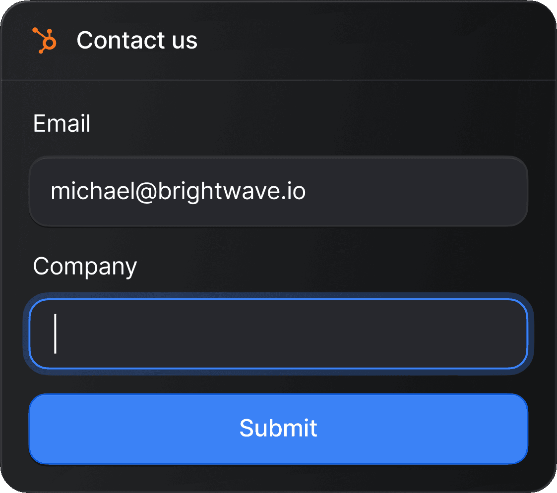 HubSpot contact form with the email filled in and the company field in focus