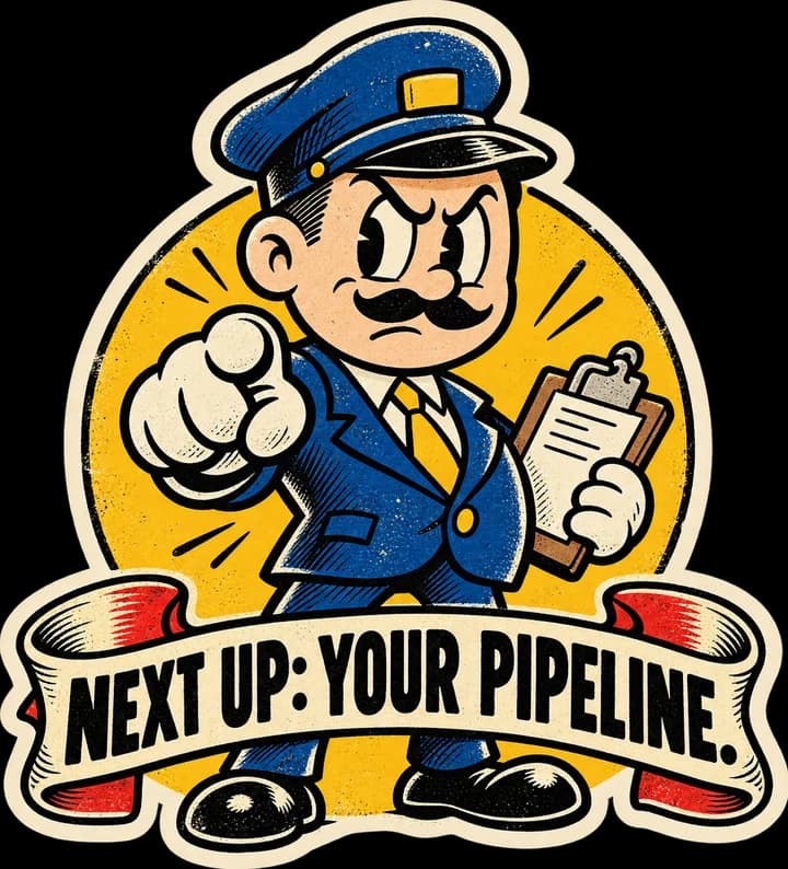 The inspector points at you over a banner that reads: Next up: your pipeline.