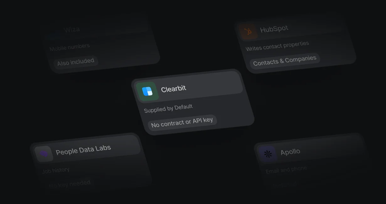 Clearbit card supplied by Default with no contract or API key, beside HubSpot and the other providers