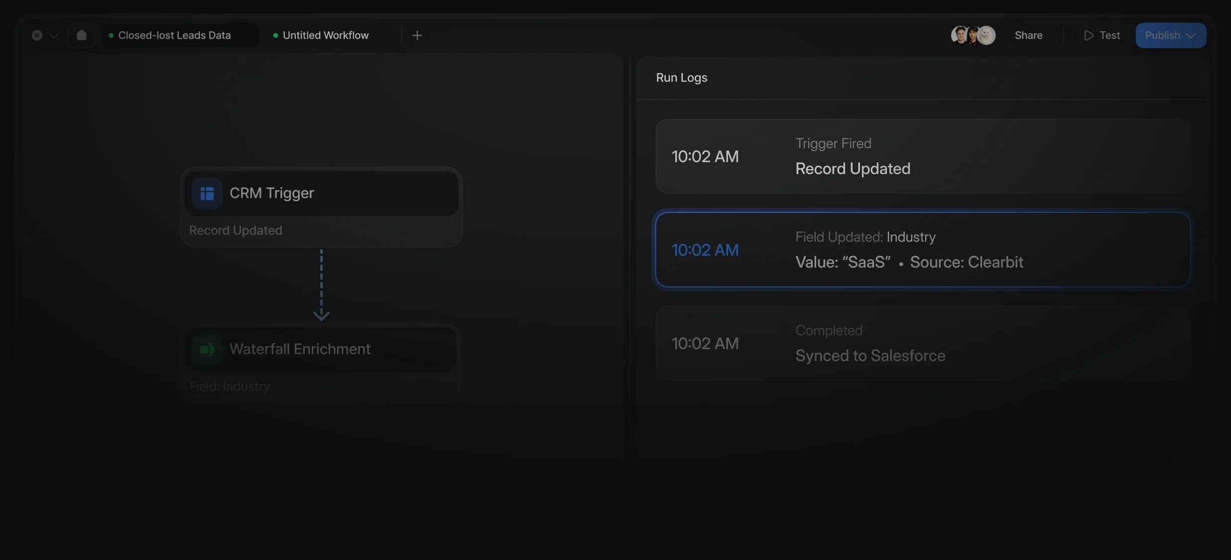 Run log timeline for a waterfall enrichment workflow