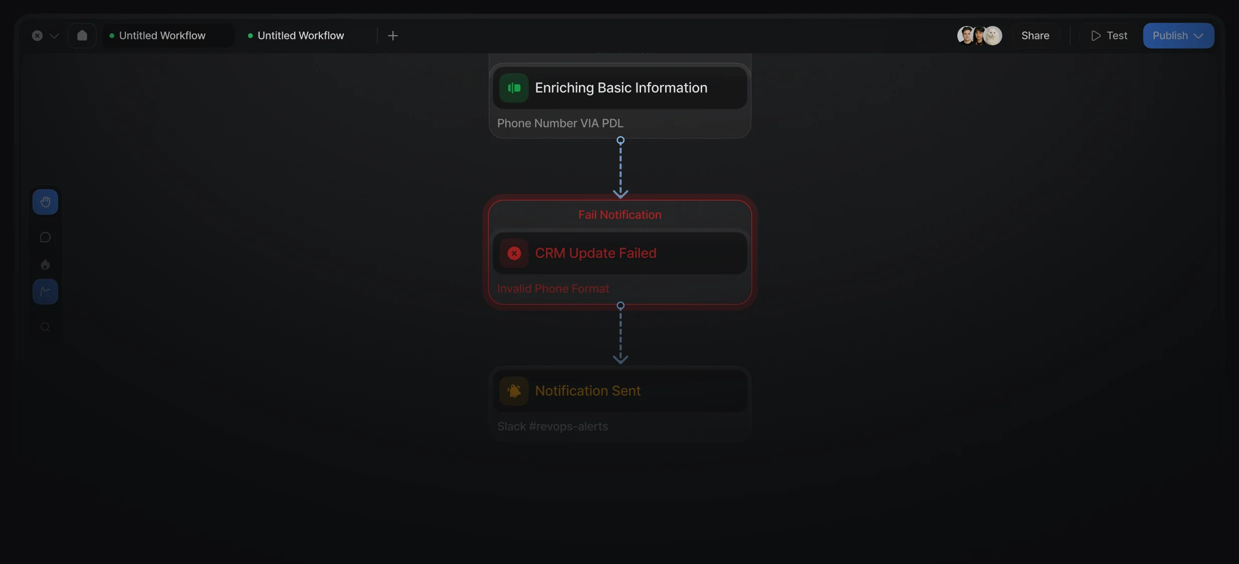 Workflow builder canvas branching from an enrichment trigger to a fail notification