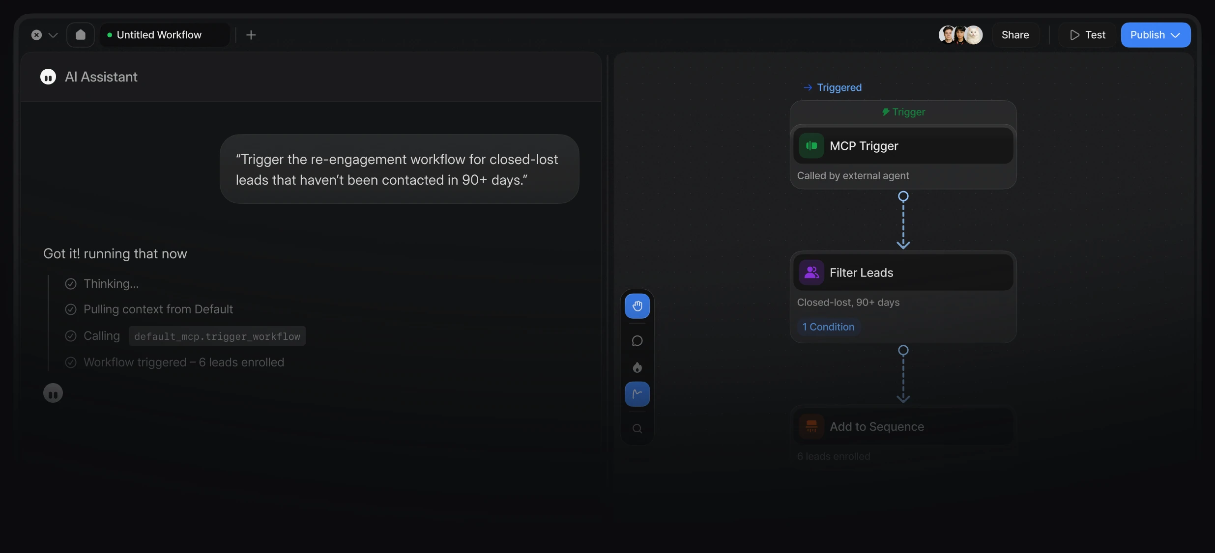 Terminal and workflow canvas triggering an automated re-engagement workflow