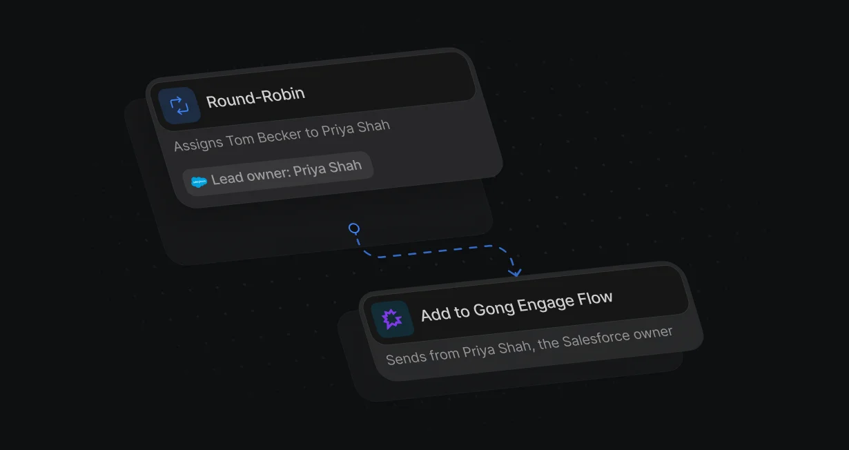 Add to Gong Engage Flow node with Sending user set to the assigned rep