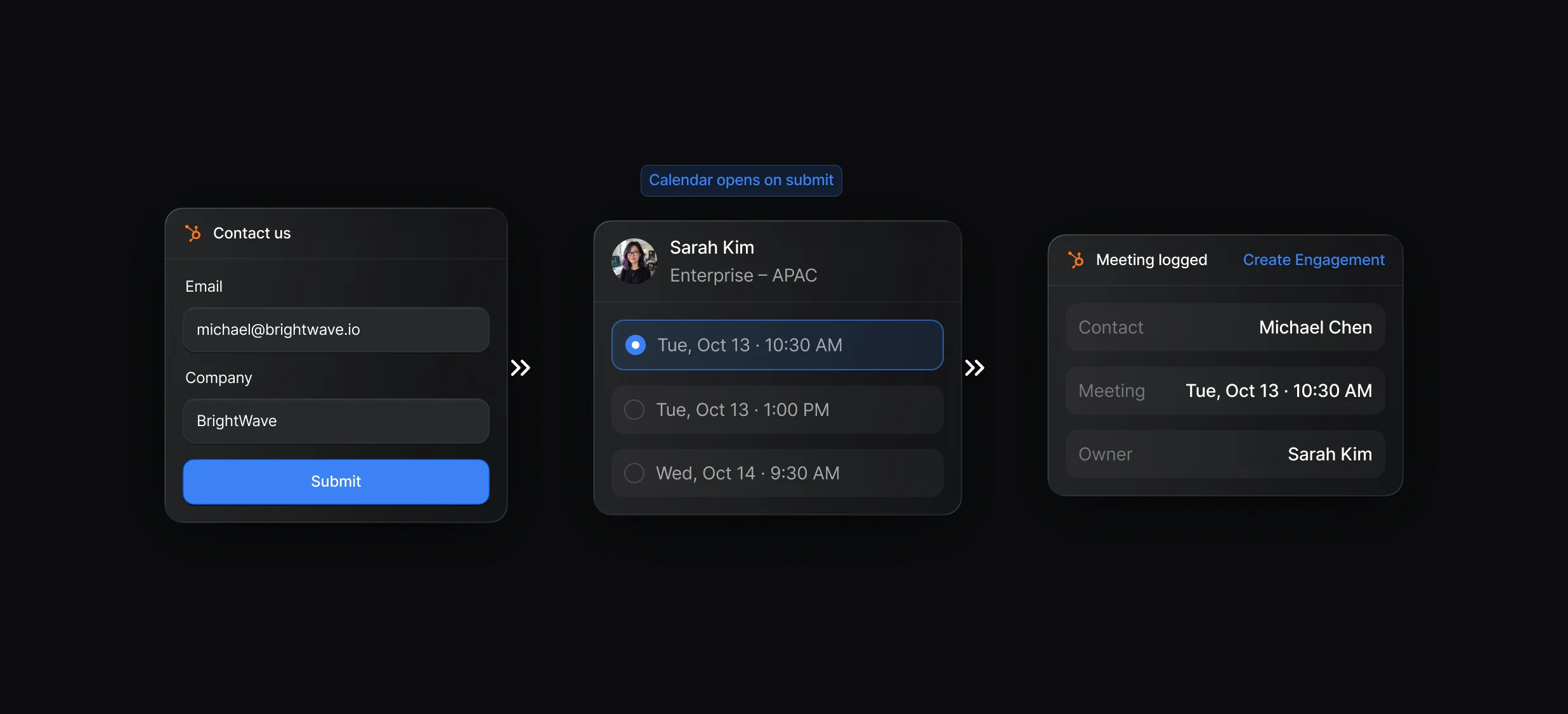 HubSpot form submission opening the assigned rep's calendar on the same page