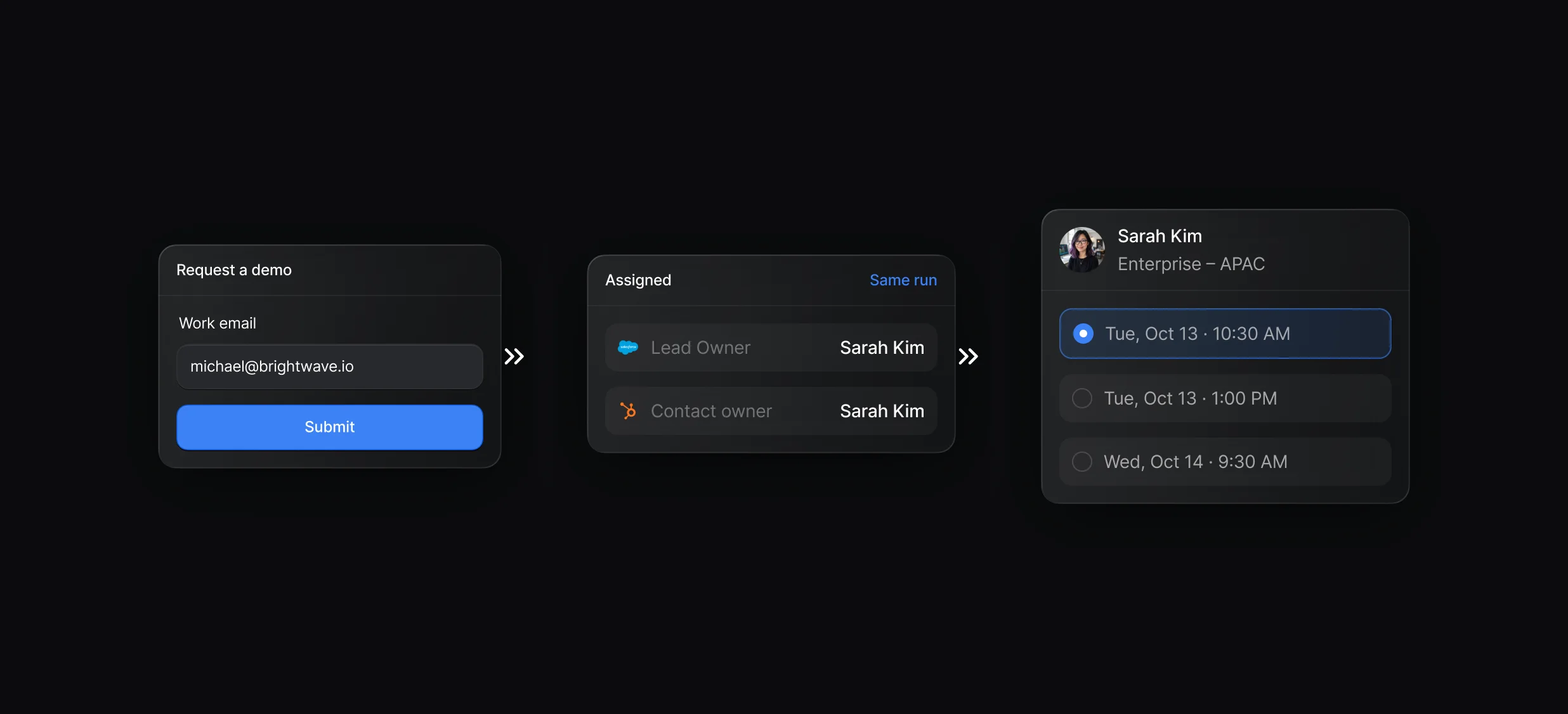 Form submission opening the assigned rep's calendar after routing in Salesforce or HubSpot