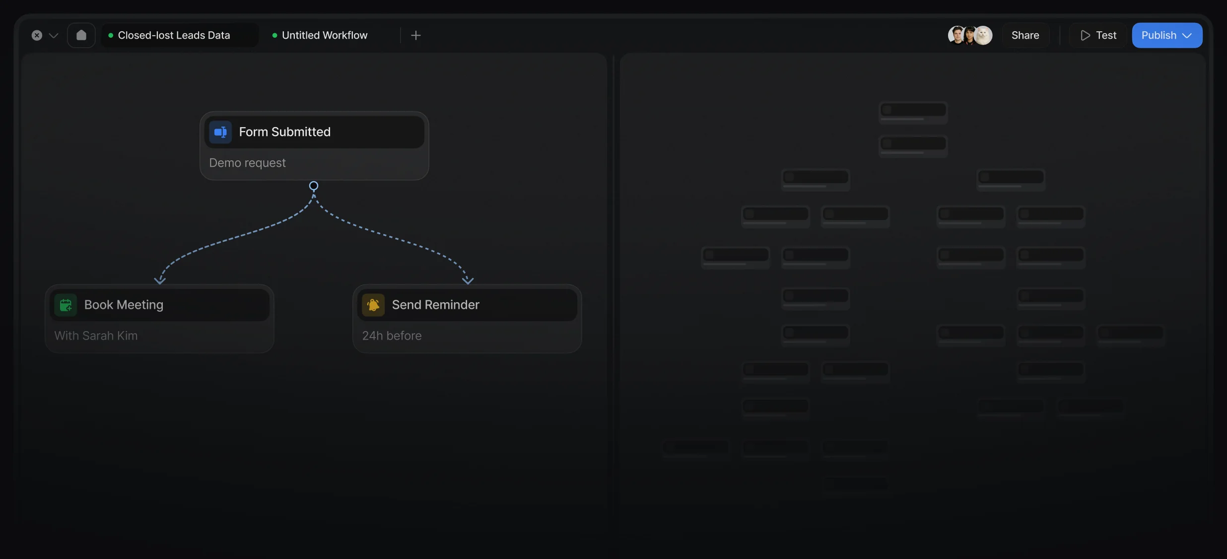 Workflow canvas branching from a form submission