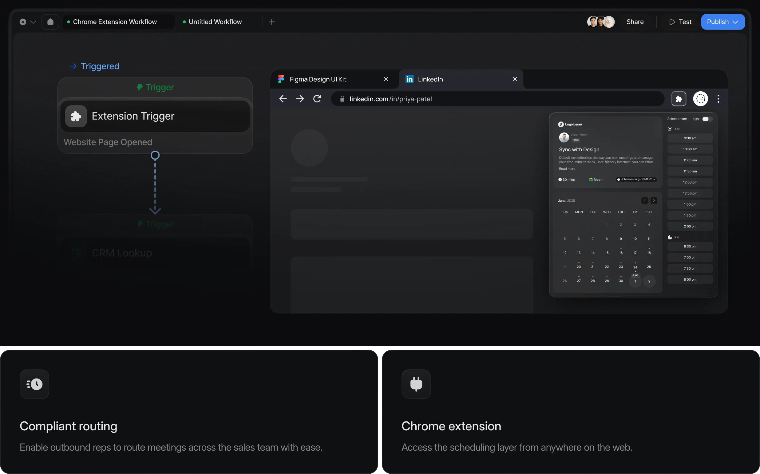 Workflow canvas and browser mock scheduling an outbound meeting from LinkedIn