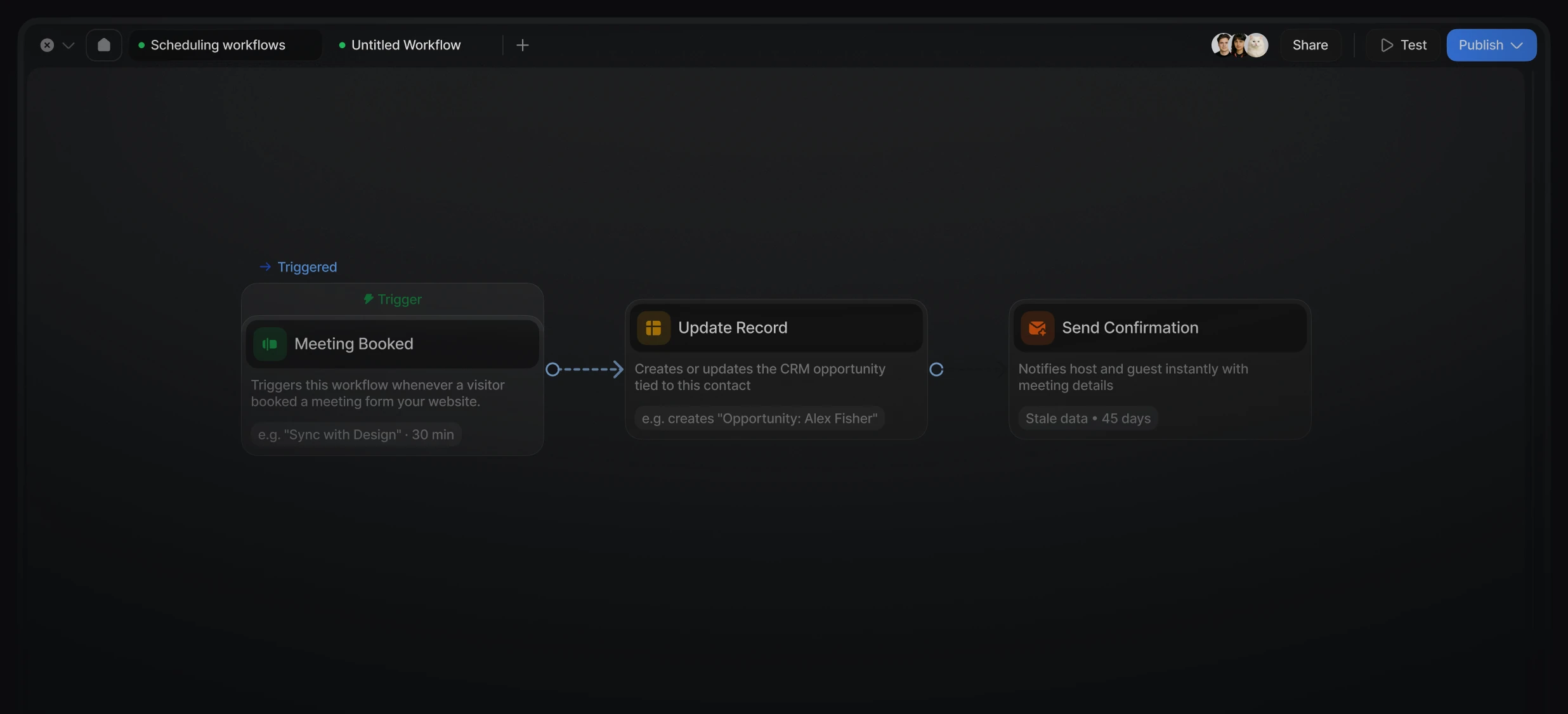 Workflow builder canvas booking, updating, and confirming a meeting