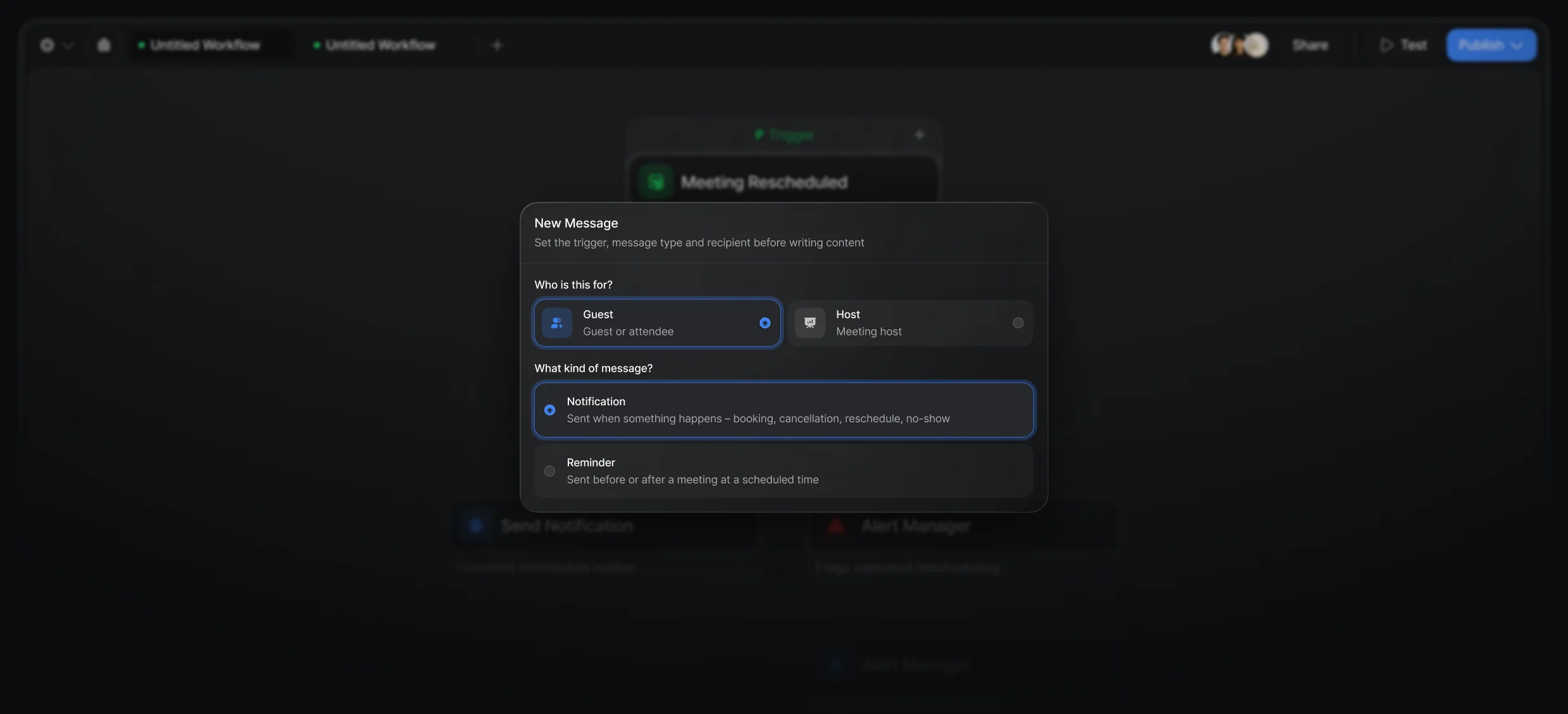 New message composer set against a background workflow for a rescheduled meeting