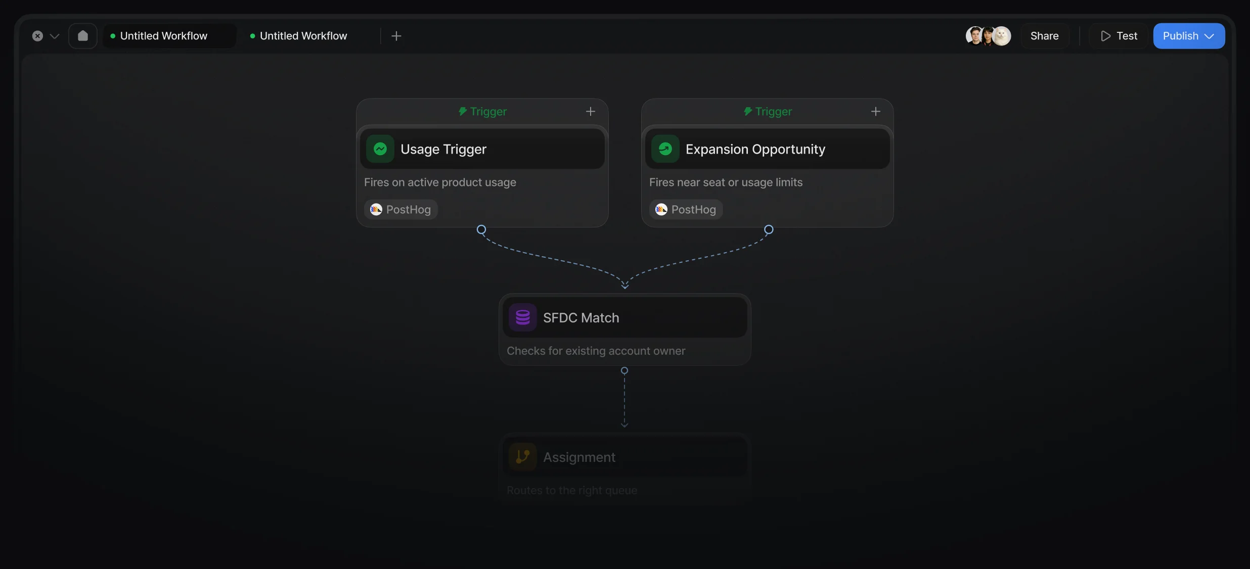 Workflow merging usage and expansion triggers into an account owner match and assignment