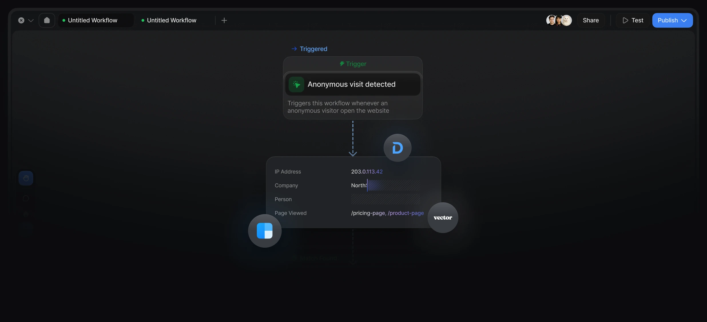 Workflow builder detecting an anonymous visitor and routing it to a sales rep