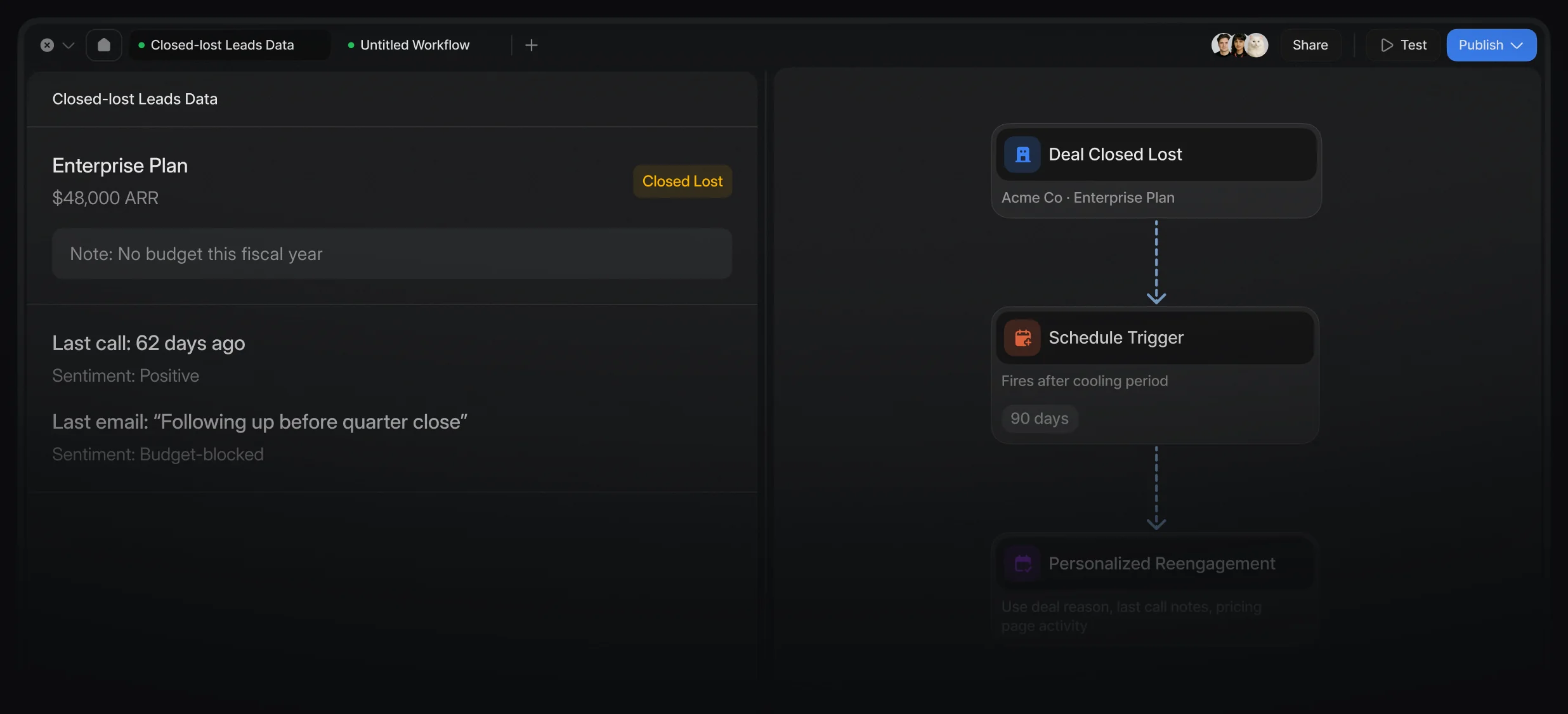 Workflow re-engaging a closed-lost deal using call notes and pricing page activity