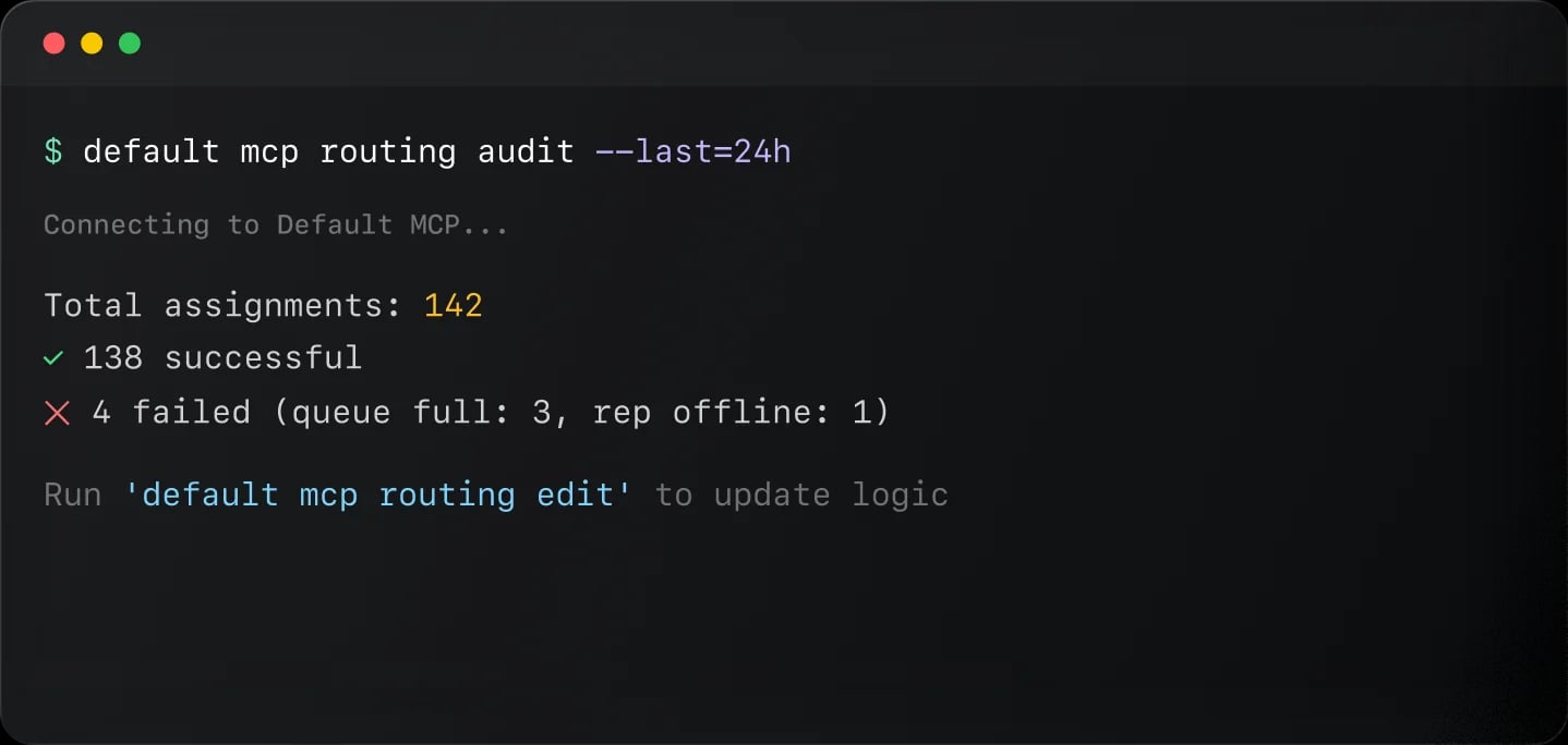 Terminal window running Default MCP routing audit commands