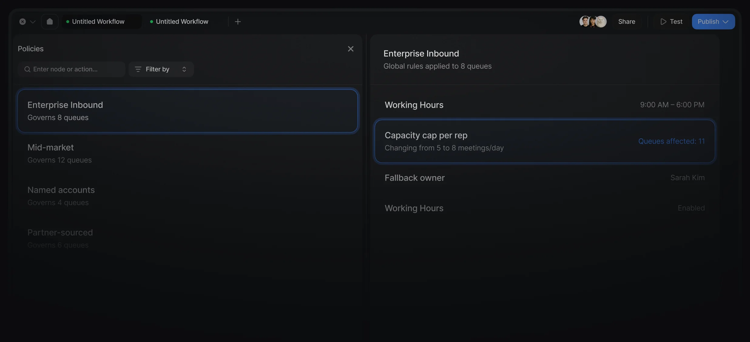 Policy list governing multiple routing queues beside global rule detail
