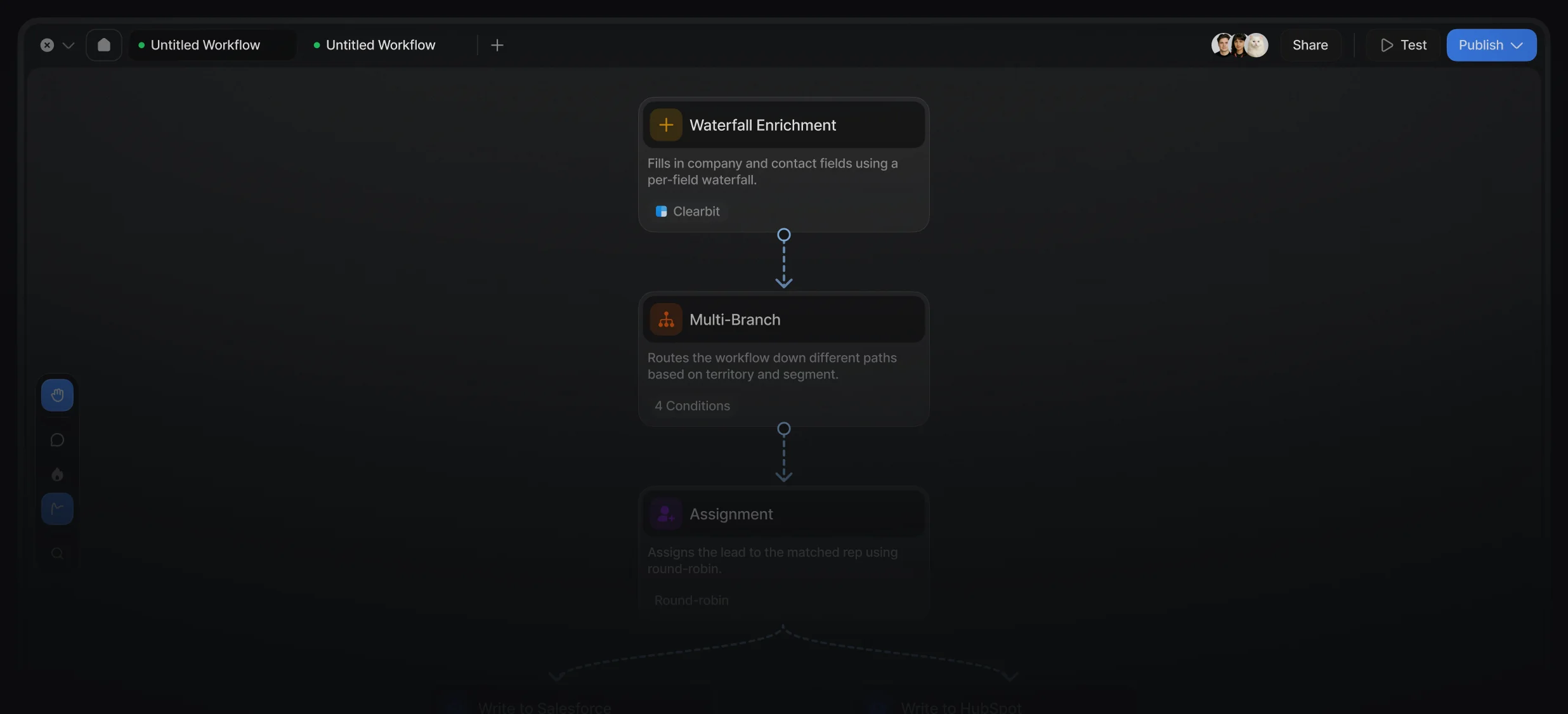 Workflow builder routing a Salesforce lead through enrichment and assignment