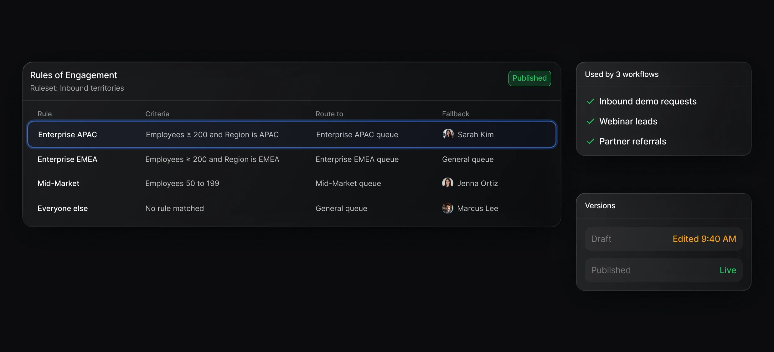 Rules of Engagement ruleset with ordered rules, each routing to a queue or a user