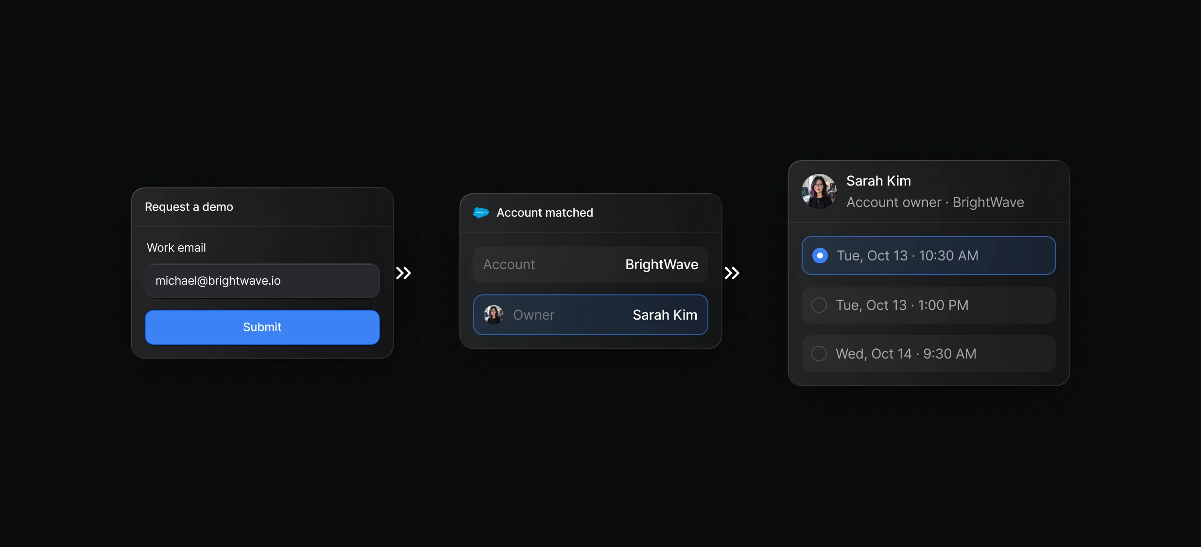 Demo form submission opening the account owner's calendar on the same page