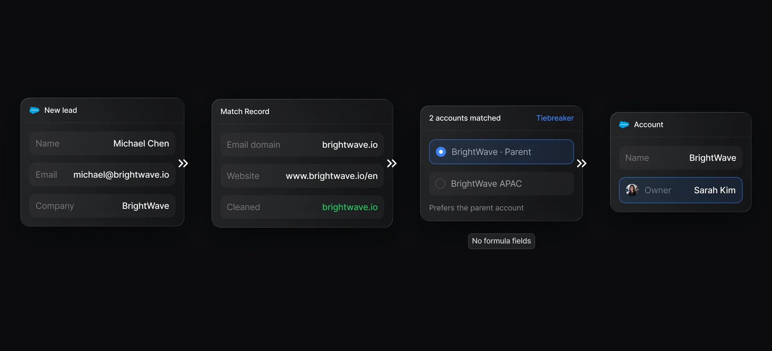 Match Record node comparing Website with the domain from the lead's email, with tiebreakers below