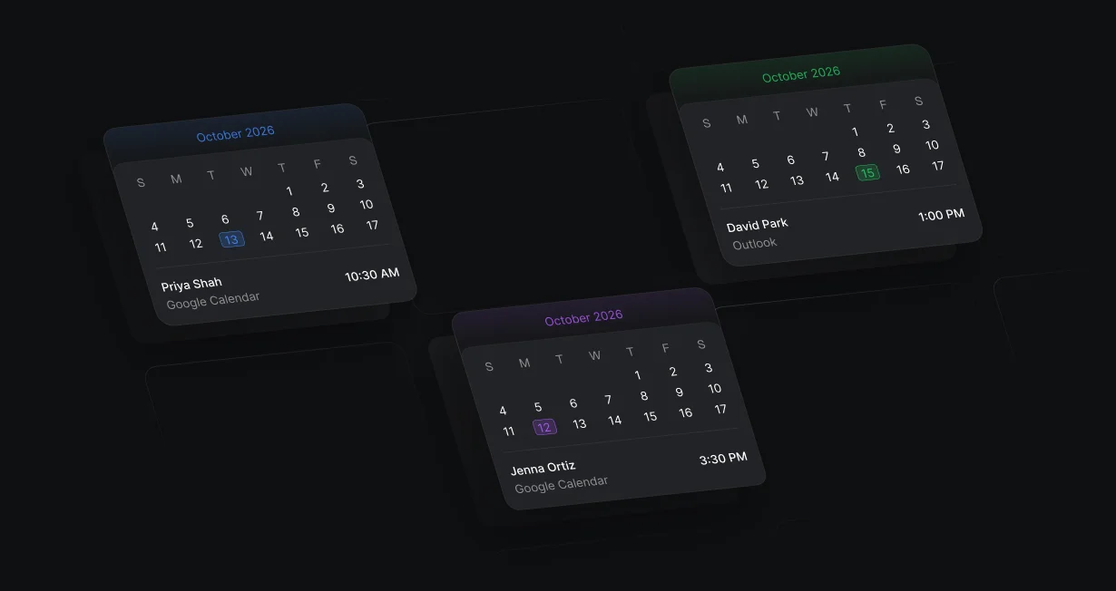 3 reps' October calendars, 2 on Google Calendar and 1 on Outlook, each showing a time