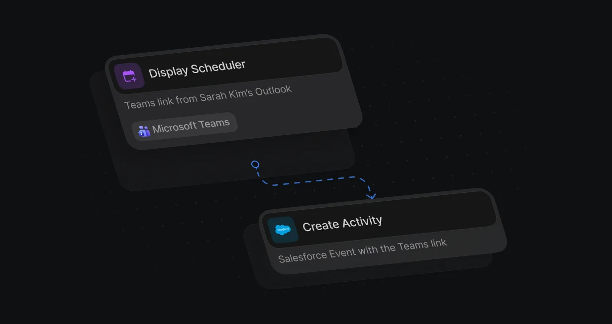 Display Scheduler adding a Teams link from the rep's Outlook, then a Salesforce Event with the link