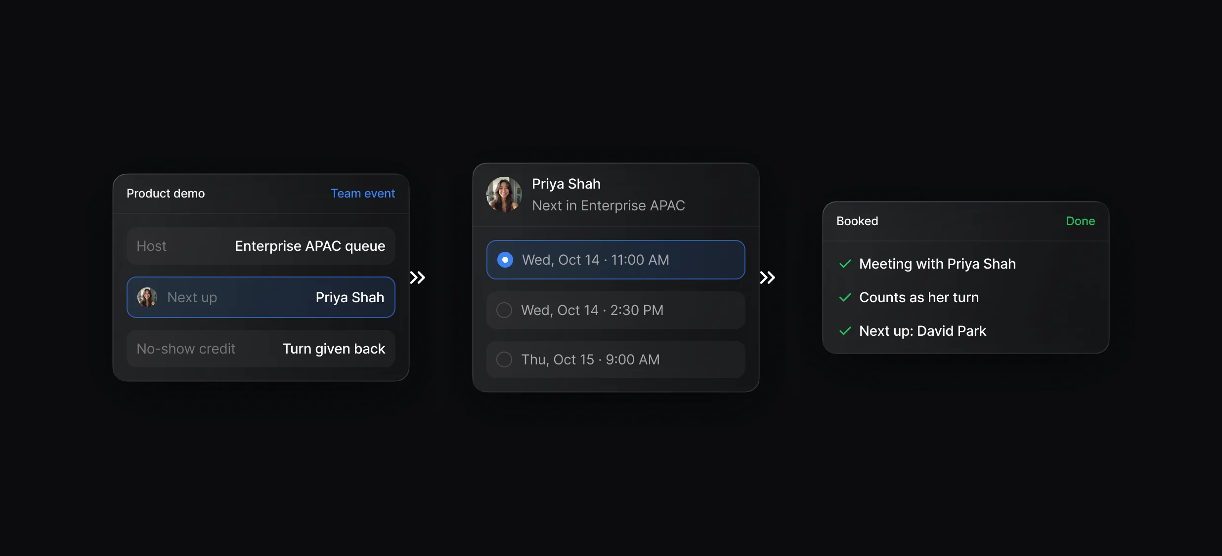 Team event booking page hosted by a queue, with the picked rep shown as host