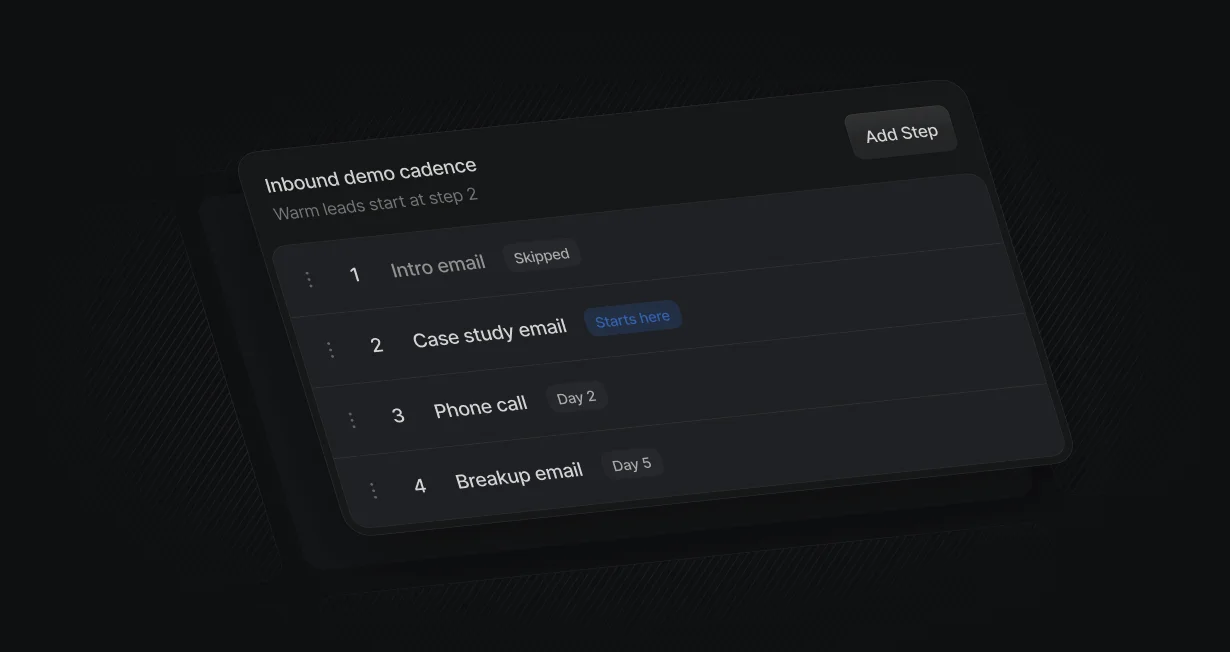 Salesloft cadence steps with the intro email skipped and warm leads starting at step 2