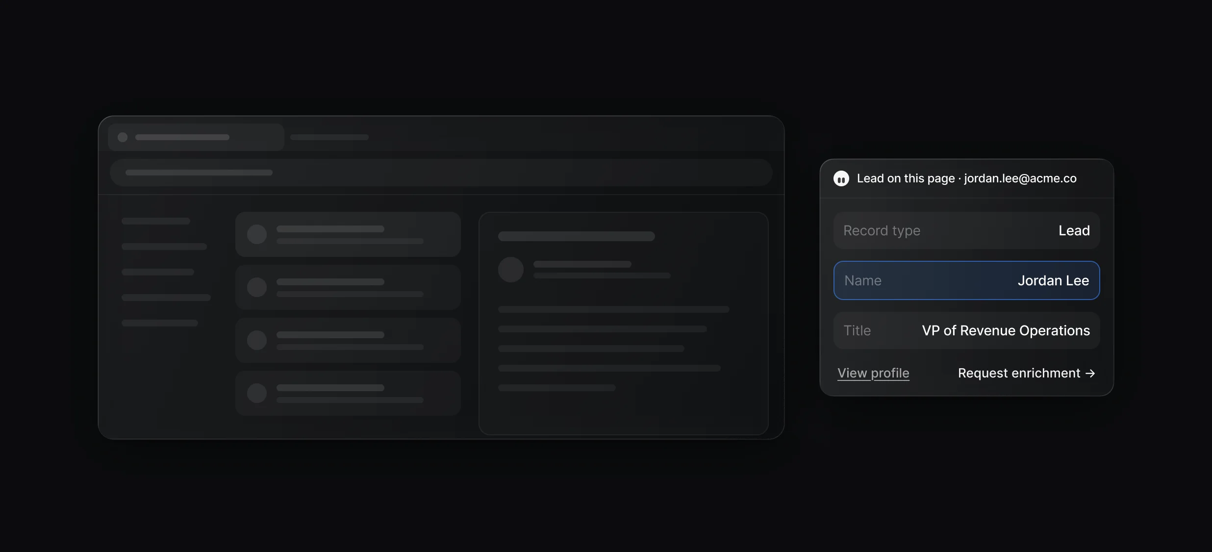 Browser window with the extension side panel showing the lead's CRM record