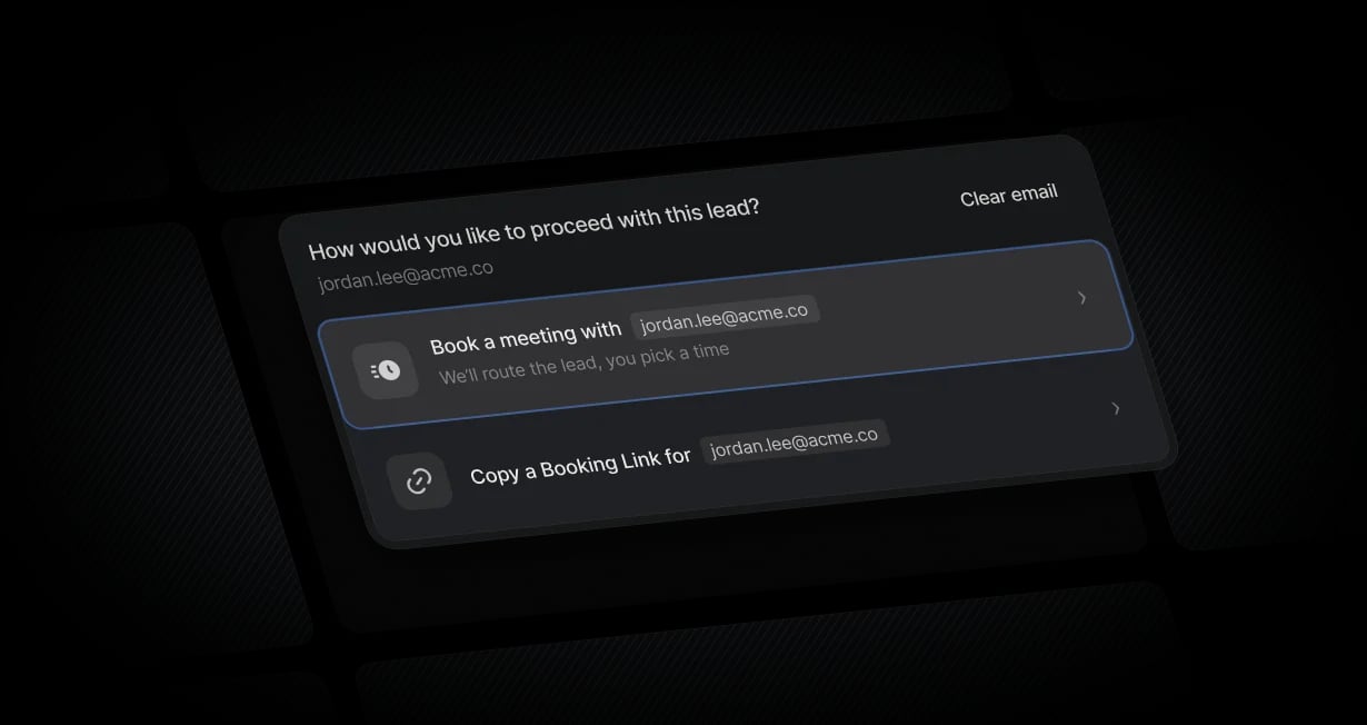 Extension side panel with Book a meeting and Copy a Booking Link options for a lead