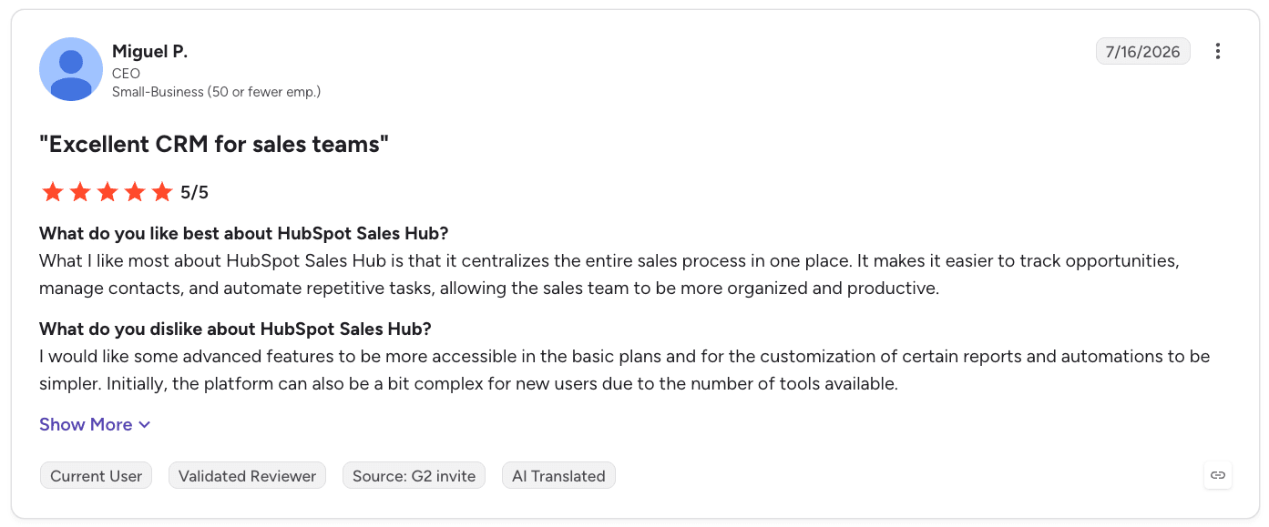 HubSpot Sales Hub Customer Reviews