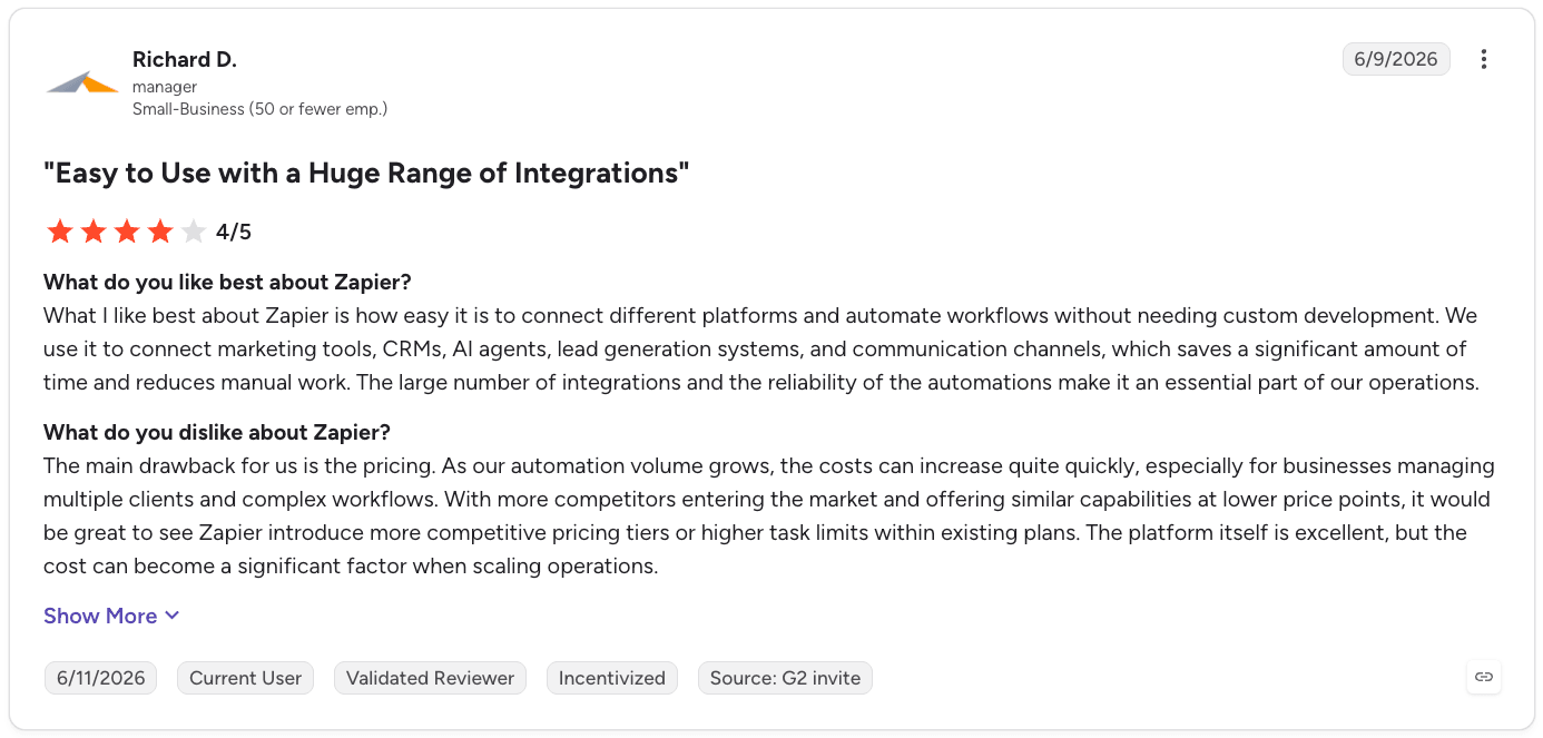 Zapier Customer reviews
