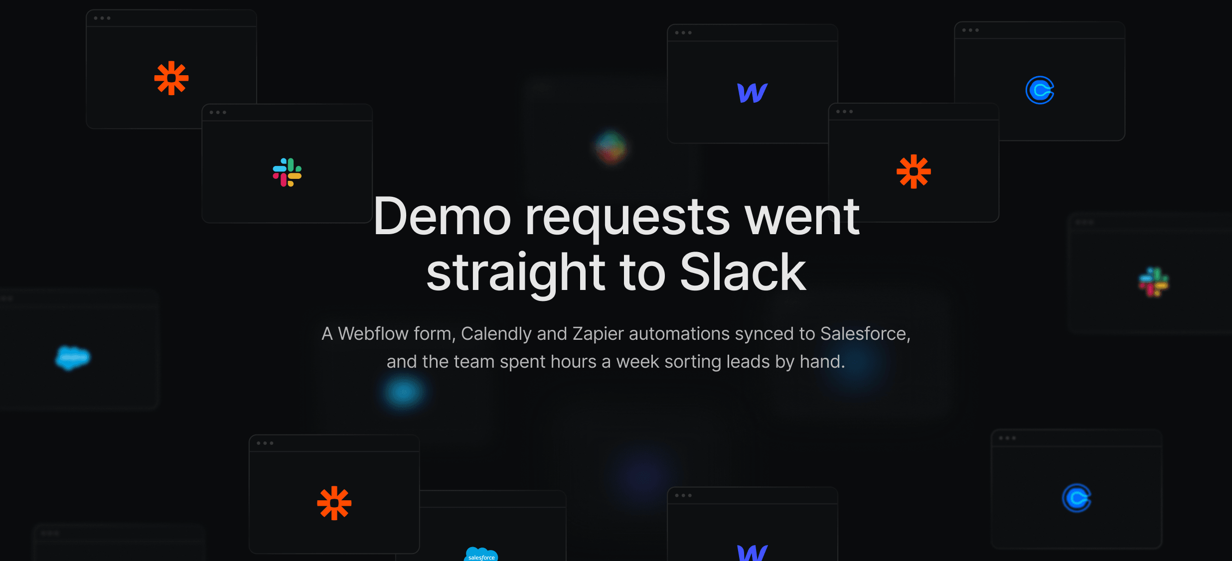 Unify's old setup across a Webflow form, Calendly, Zapier, Salesforce and Slack