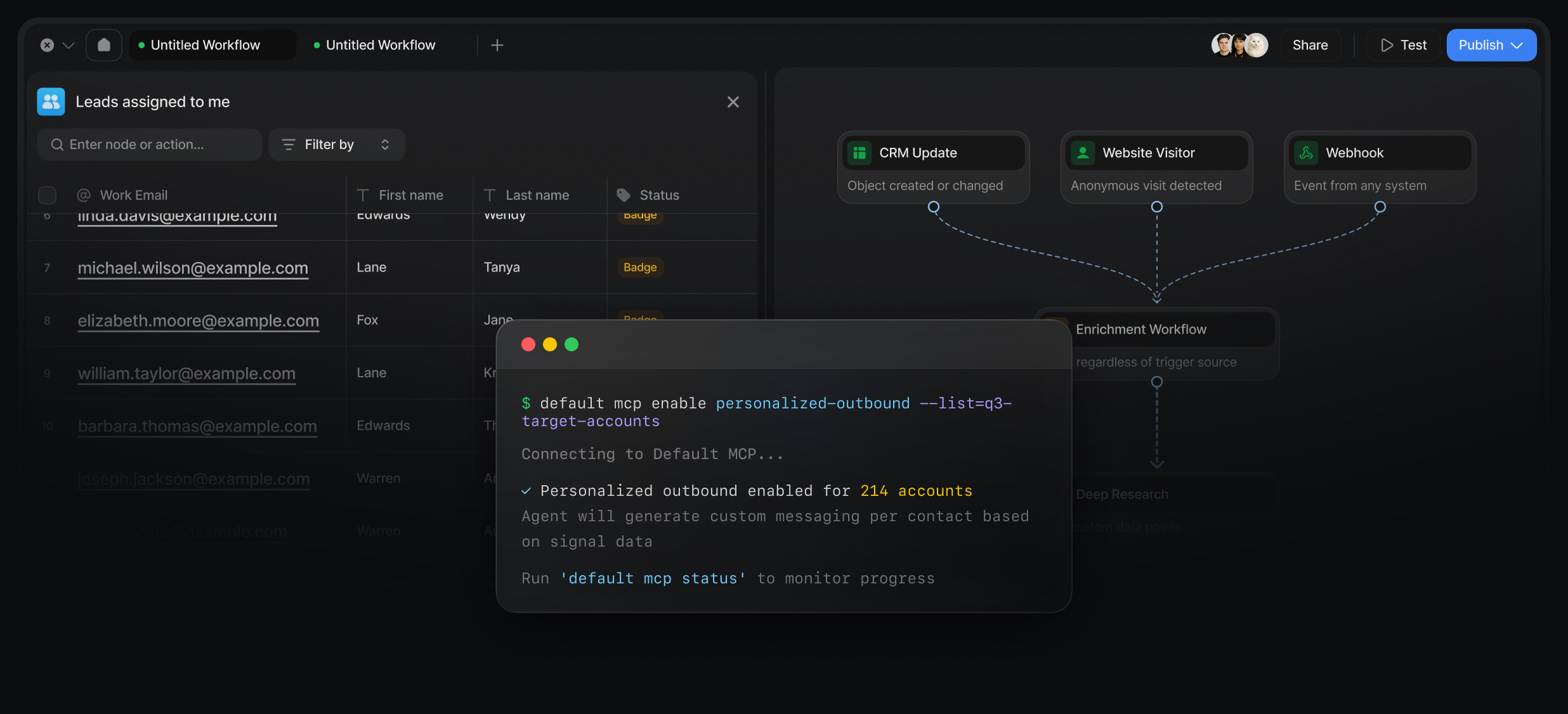 Workflow canvas fanning enrichment triggers into a deep research step