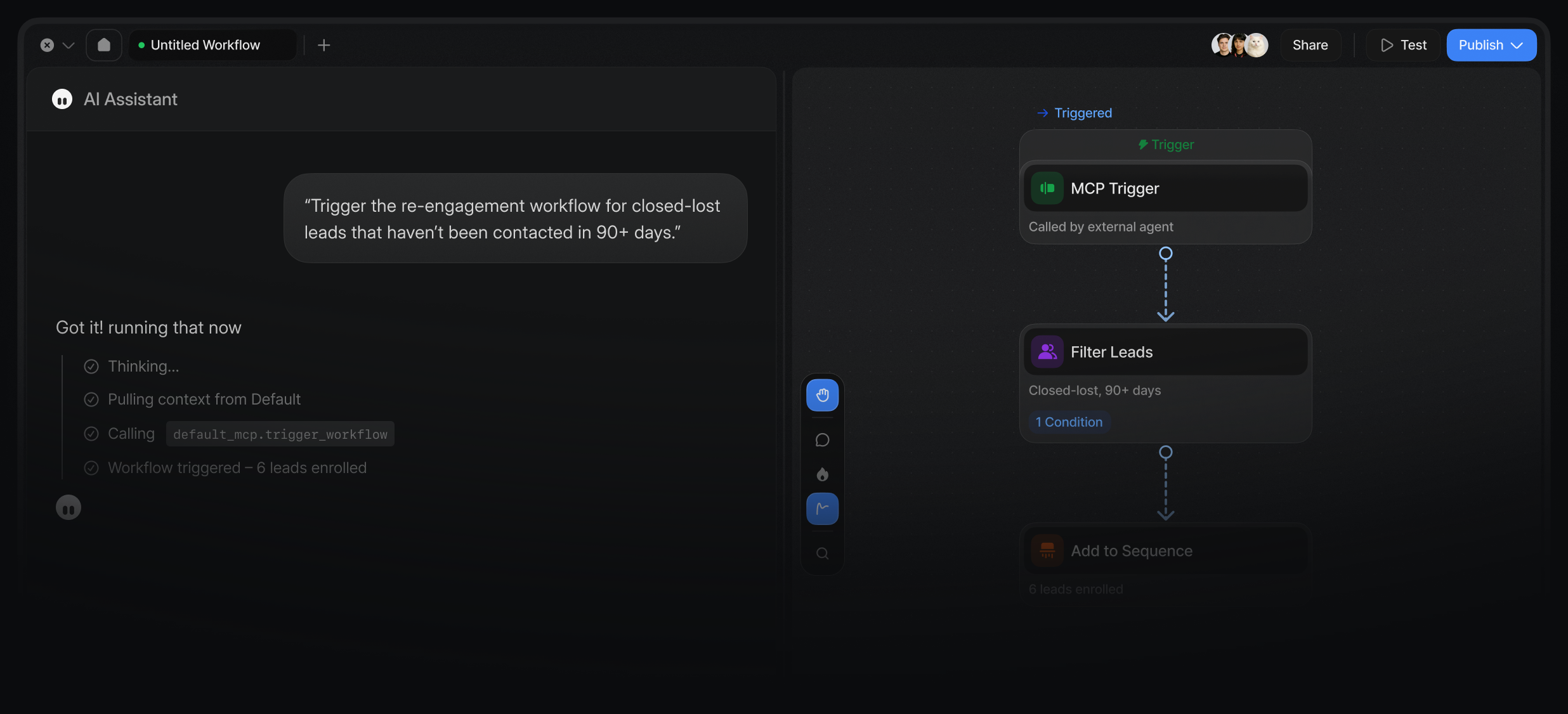 Terminal and workflow canvas triggering an automated re-engagement workflow