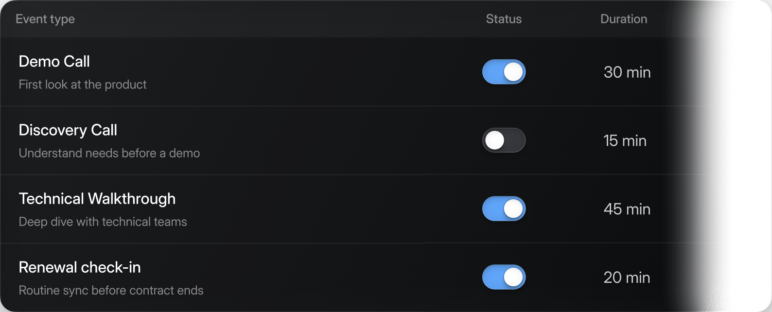 Table of meeting types with status toggles and durations