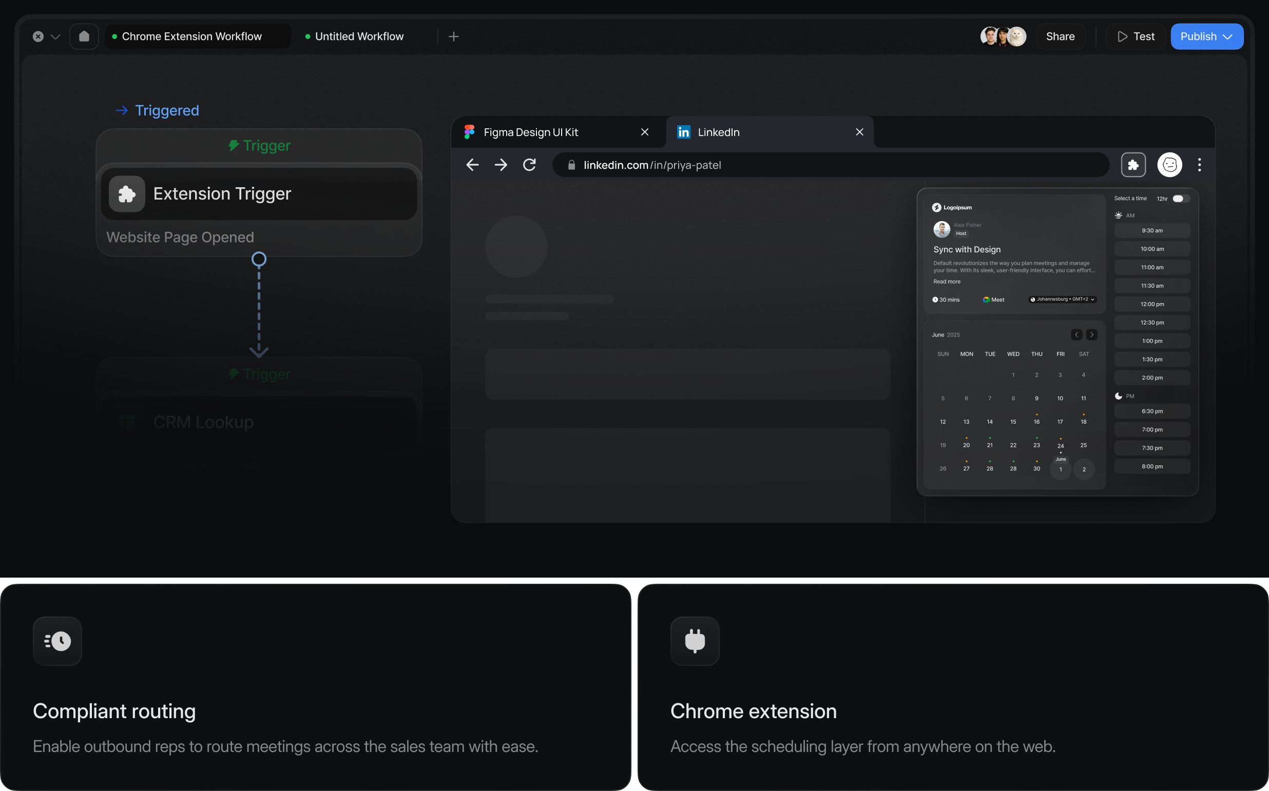 Workflow canvas and browser mock scheduling an outbound meeting from LinkedIn