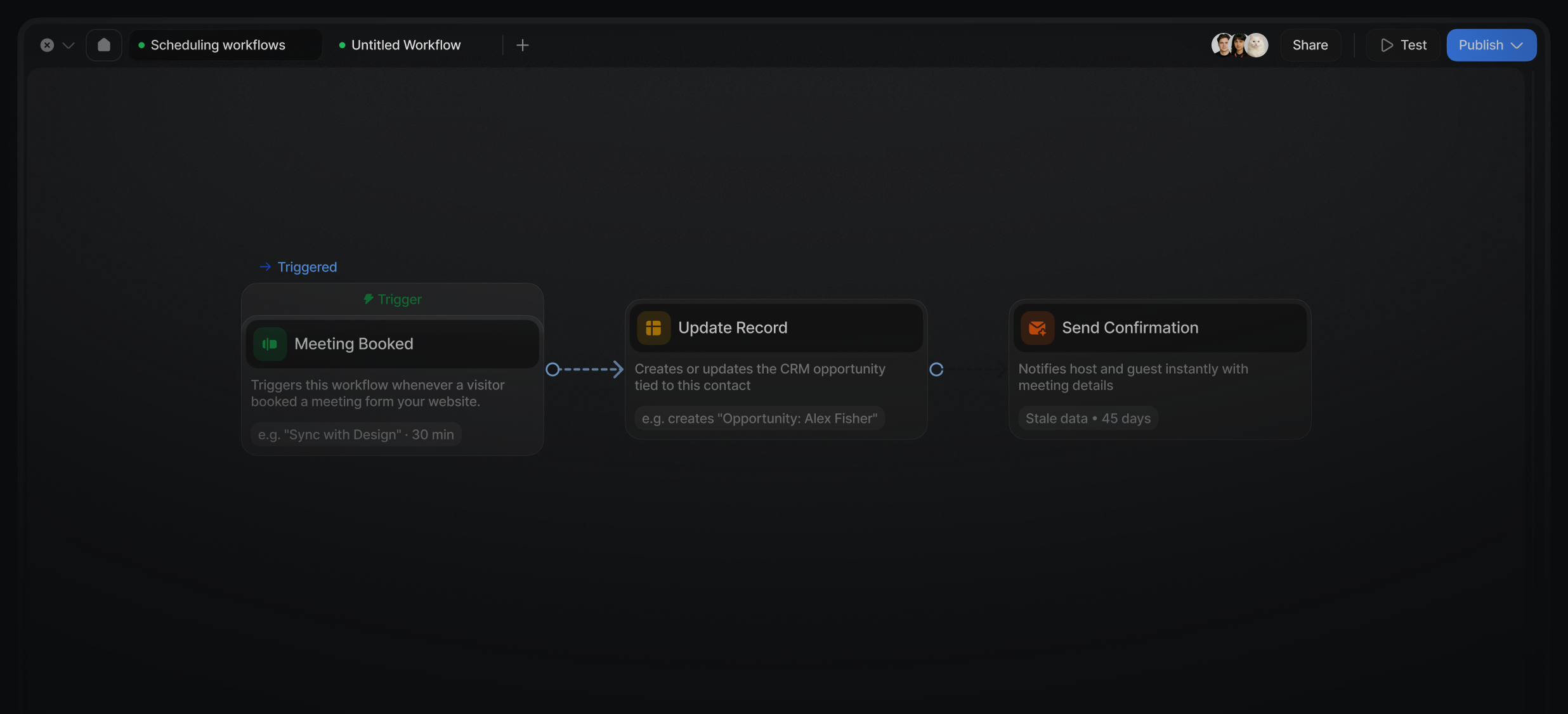 Workflow builder canvas booking, updating, and confirming a meeting