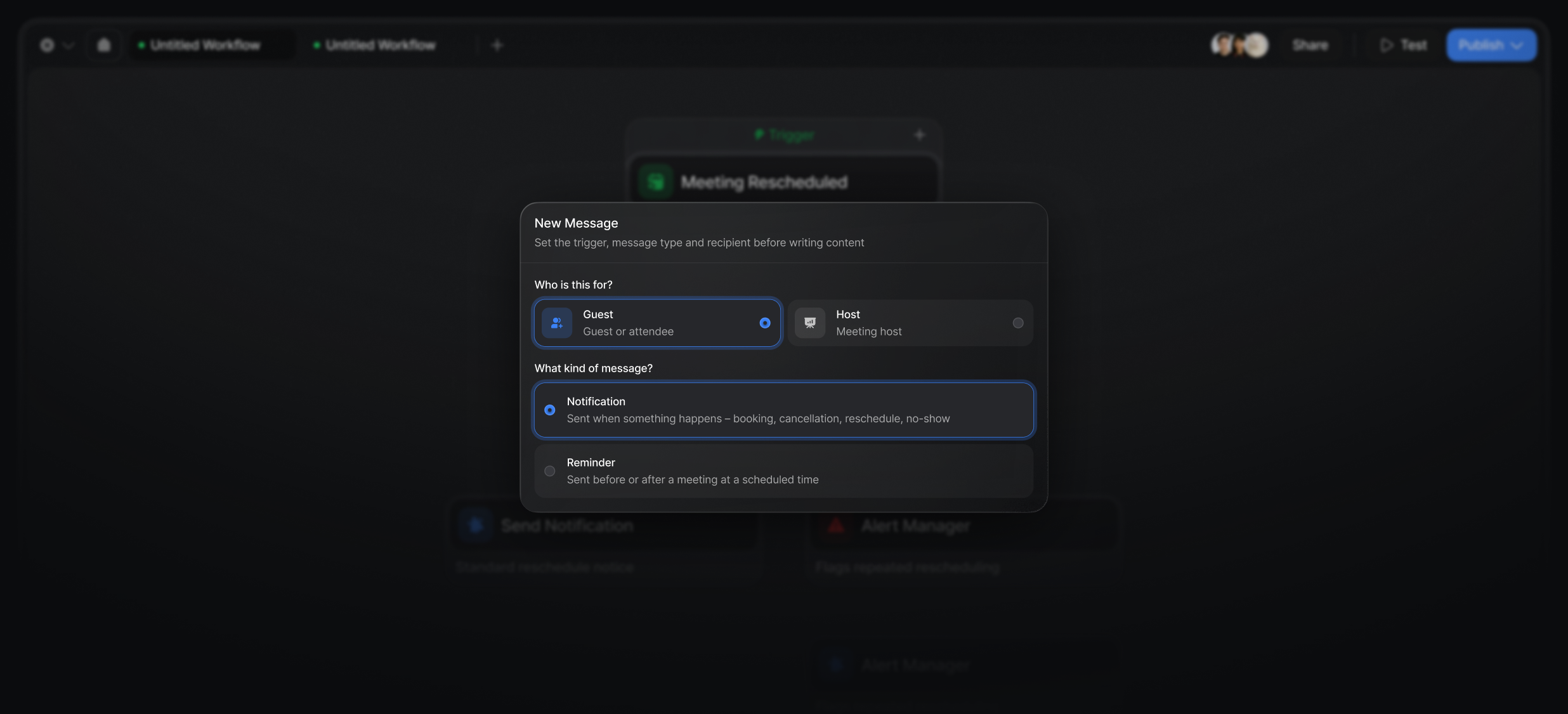 New message composer set against a background workflow for a rescheduled meeting
