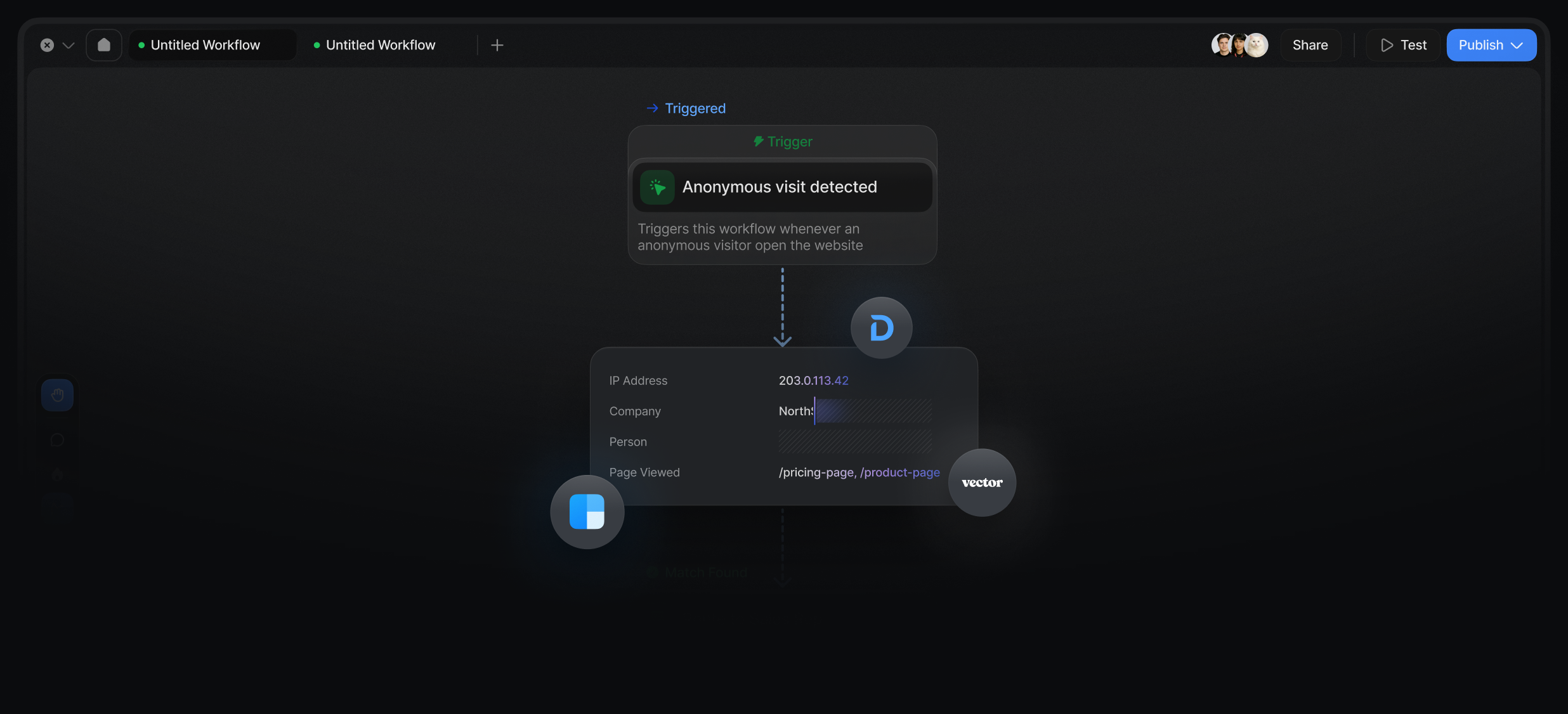 Workflow builder detecting an anonymous visitor and routing it to a sales rep