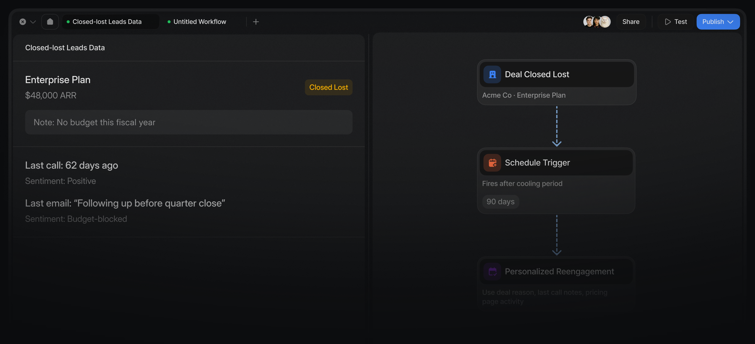 Workflow re-engaging a closed-lost deal using call notes and pricing page activity